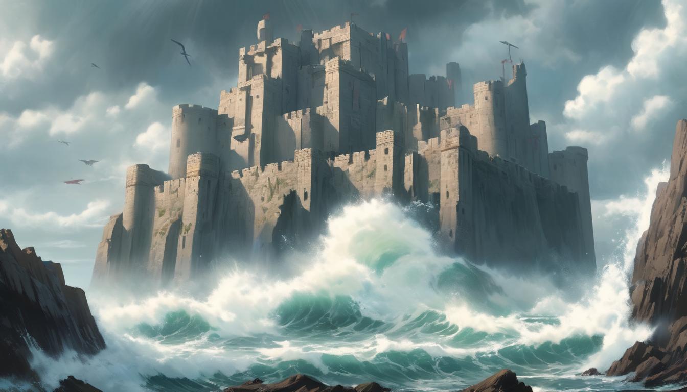  hyperrealism,fantasy aestheticA stone fortress standing against a stormy sea, waves crashing, impenetrable walls, strength, resilience against the elements, unshakable, high tech clothing clad in sleek, futuristic costume with metallic accents and form fitting designs, marvel superhero comics style, unreal engine rendering