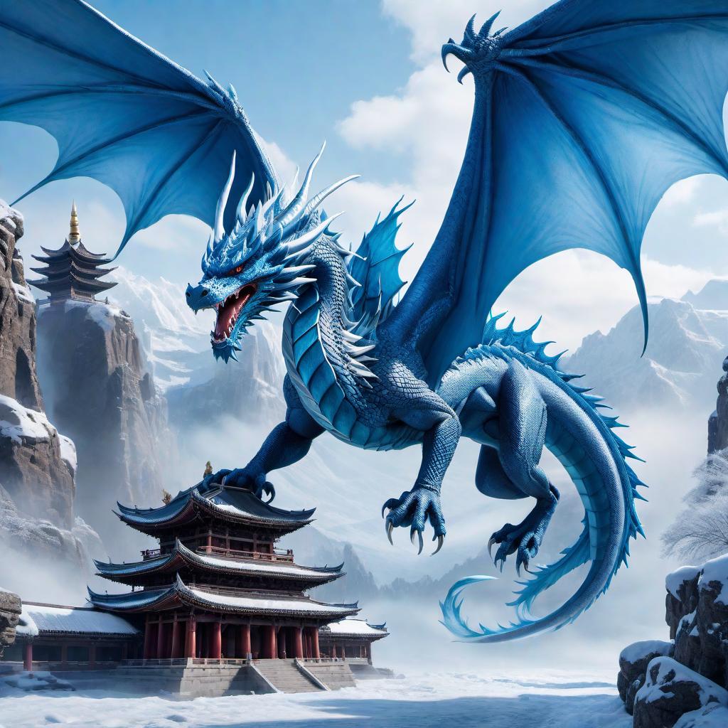  A majestic blue dragon, the color of ice, with two powerful legs and two large wings, flying high and spraying blue fire. The dragon soars through a deep, narrow valley surrounded by ancient Asian temples built into the canyon walls. The temples, with their intricate designs and pagoda roofs, add an element of mysticism to the scene. The entire environment gives off a cold, icy aura. hyperrealistic, full body, detailed clothing, highly detailed, cinematic lighting, stunningly beautiful, intricate, sharp focus, f/1. 8, 85mm, (centered image composition), (professionally color graded), ((bright soft diffused light)), volumetric fog, trending on instagram, trending on tumblr, HDR 4K, 8K