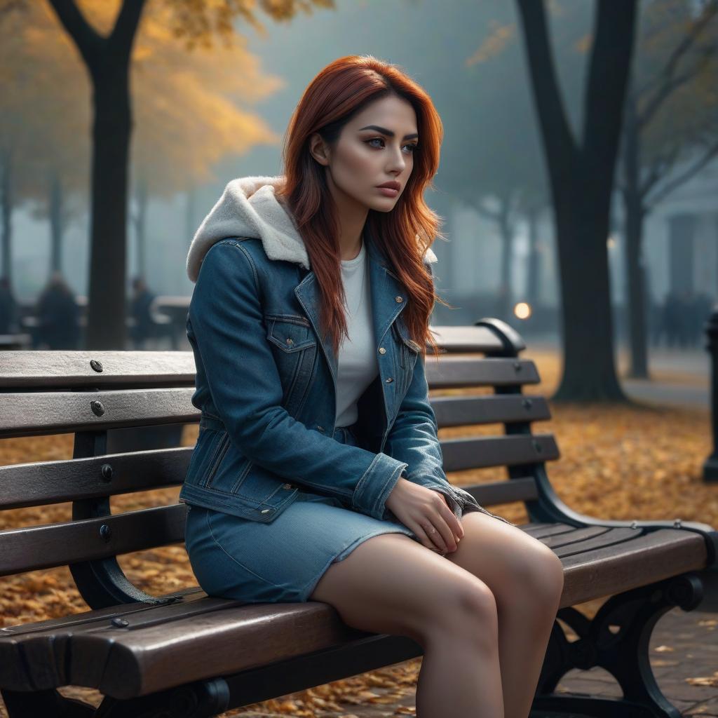  A sad girl is sitting on a bench. hyperrealistic, full body, detailed clothing, highly detailed, cinematic lighting, stunningly beautiful, intricate, sharp focus, f/1. 8, 85mm, (centered image composition), (professionally color graded), ((bright soft diffused light)), volumetric fog, trending on instagram, trending on tumblr, HDR 4K, 8K