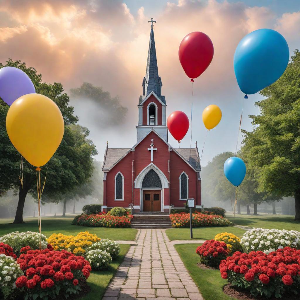  A festive image celebrating the 91st anniversary of a church. The scene should include a beautifully decorated church with a banner reading '91st Anniversary'. There should be a joyful congregation, colorful balloons, flowers, and a large cake with '91' on it. The sky should be bright and sunny, adding to the celebratory atmosphere. hyperrealistic, full body, detailed clothing, highly detailed, cinematic lighting, stunningly beautiful, intricate, sharp focus, f/1. 8, 85mm, (centered image composition), (professionally color graded), ((bright soft diffused light)), volumetric fog, trending on instagram, trending on tumblr, HDR 4K, 8K