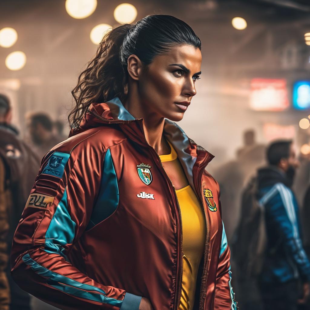  Girl say text "Ronaldo", comic book  hyperrealistic, full body, detailed clothing, highly detailed, cinematic lighting, stunningly beautiful, intricate, sharp focus, f/1. 8, 85mm, (centered image composition), (professionally color graded), ((bright soft diffused light)), volumetric fog, trending on instagram, trending on tumblr, HDR 4K, 8K