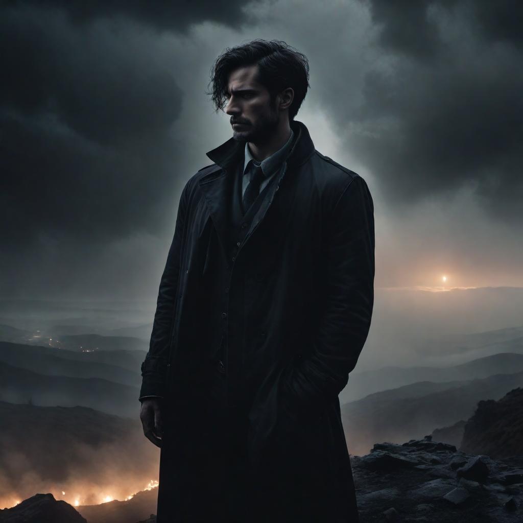  A person standing at the edge of a dark, shadowy landscape, their silhouette tense and fraught with emotion. The background is a swirling, chaotic mix of dark clouds and mist, emphasizing a sense of despair. The person's face is slightly illuminated, showing a look of anguish and surrender, capturing the moment of giving in to the overwhelming darkness. The overall tone is somber and evocative, highlighting the themes of hopelessness and weakened faith. hyperrealistic, full body, detailed clothing, highly detailed, cinematic lighting, stunningly beautiful, intricate, sharp focus, f/1. 8, 85mm, (centered image composition), (professionally color graded), ((bright soft diffused light)), volumetric fog, trending on instagram, trending on tumblr, HDR 4K, 8K