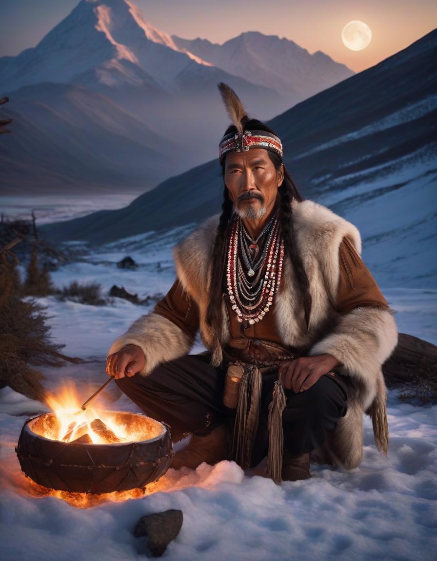  Yamal shaman beating a tambourine, performing a ritual dance by the fire. evening, moon, Snow capped mountains in the background hyperrealistic, full body, detailed clothing, highly detailed, cinematic lighting, stunningly beautiful, intricate, sharp focus, f/1. 8, 85mm, (centered image composition), (professionally color graded), ((bright soft diffused light)), volumetric fog, trending on instagram, trending on tumblr, HDR 4K, 8K