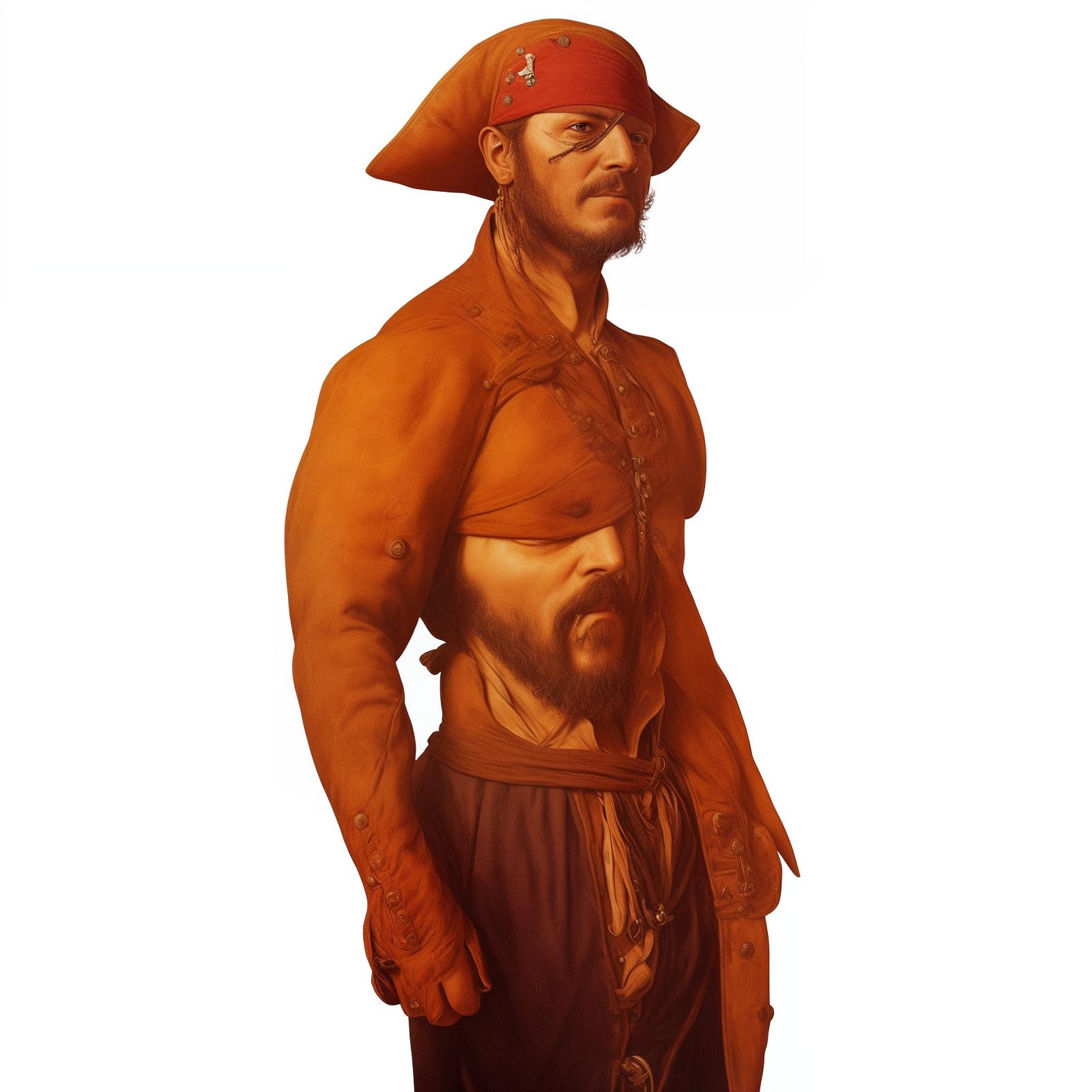  portrait+ Image of a pirate. Pirate themed elements such as an eye patch, a tricorn hat, a parrot on the shoulder, a pirate coat, and a background featuring a pirate ship or a treasure island. A big sea on the background. The final image should be vibrant, very detailed