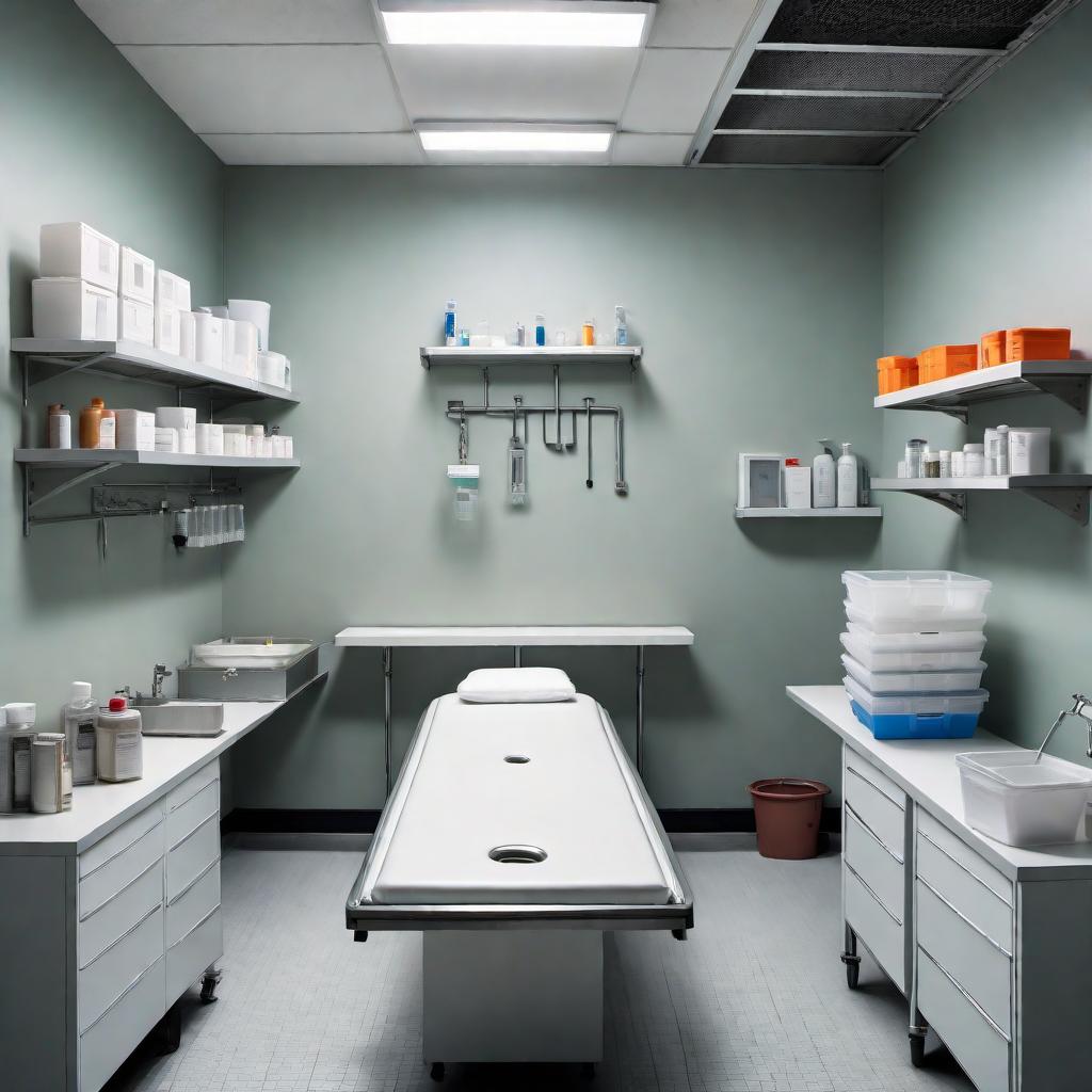  The interior of a small, low-budget embalming room. The space is modest and practical, with just the essentials. A simple embalming table is centered in the room, surrounded by plain, functional equipment. The walls are sparsely decorated, perhaps with white paint or slightly worn tiles. Basic shelving units hold necessary embalming supplies. There's a minimalistic industrial sink in one corner and a small counter with essential tools. The lighting is basic but adequate, providing sufficient illumination without any frills. The overall atmosphere is utilitarian, reflecting budget constraints. hyperrealistic, full body, detailed clothing, highly detailed, cinematic lighting, stunningly beautiful, intricate, sharp focus, f/1. 8, 85mm, (centered image composition), (professionally color graded), ((bright soft diffused light)), volumetric fog, trending on instagram, trending on tumblr, HDR 4K, 8K