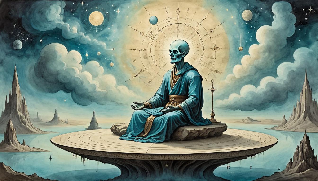  on parchment, surrealism+++, Meditating figure seated on a floating platform, cosmic rays around, serene facial expression, celestial, tranquil(mysterious, provocative, symbolic,muted color)+++