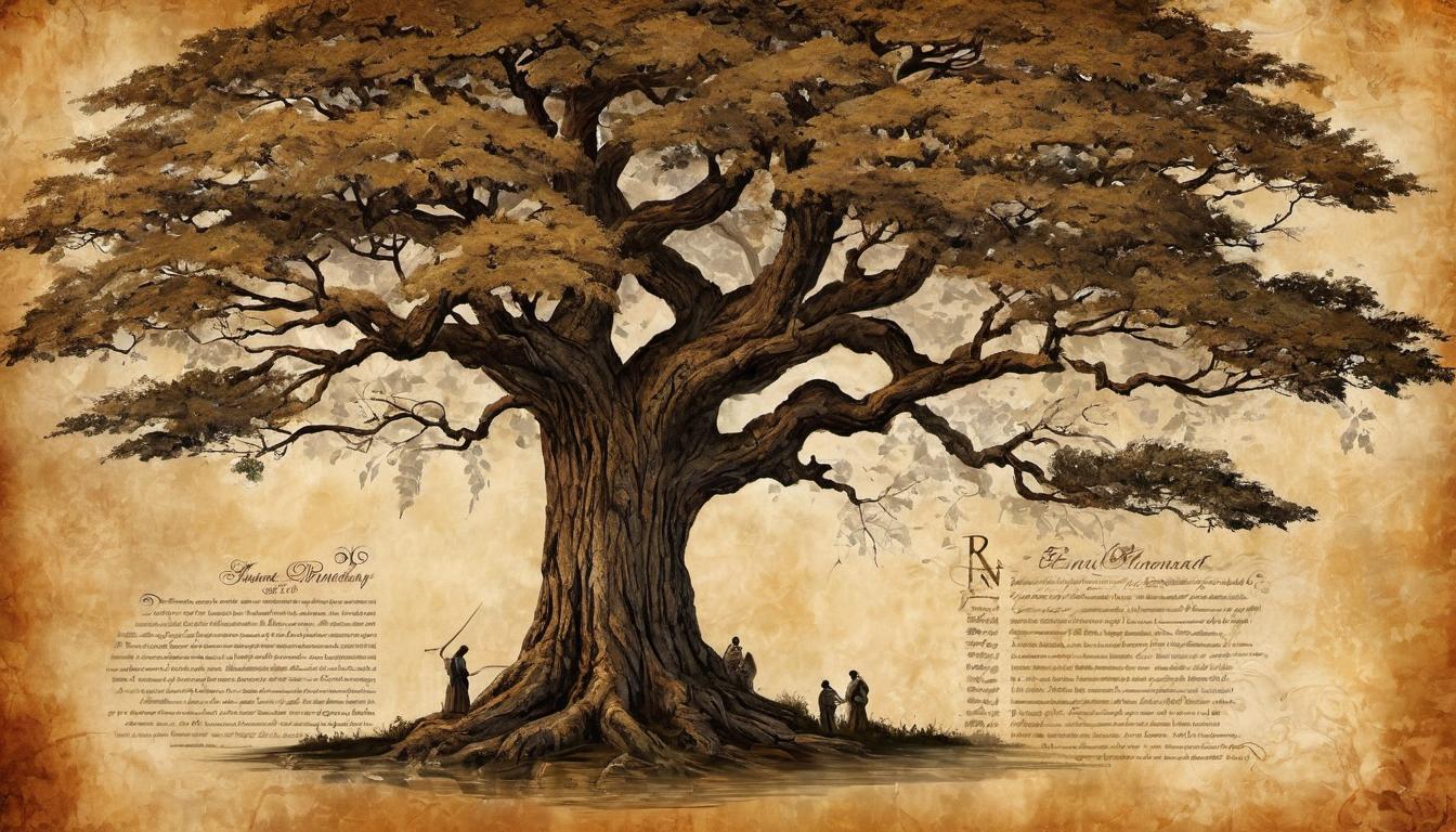  digital painting of An ancestral family tree emerging from a scroll, old parchment texture, Noah at the root, profound, historical looking at viewer, dynamic pose, (intricate details, masterpiece, best quality)