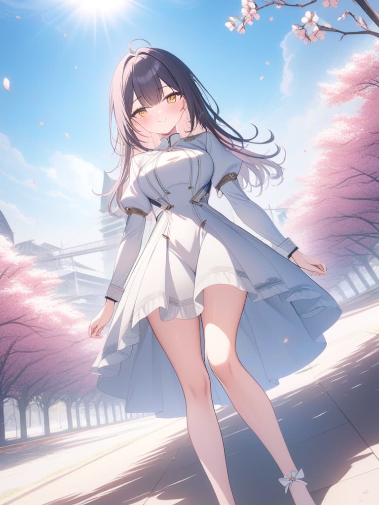  Sufficient smile, cherry blossoms, petals, spring, outstretched Arms, Looking Back, (Pink & White One Piece), Dutch Angle, 💩, 💩, 💩, 💩, 💩, 💩, masterpiece, best quality,8k,ultra detailed,high resolution,an extremely delicate and beautiful,hyper detail hyperrealistic, full body, detailed clothing, highly detailed, cinematic lighting, stunningly beautiful, intricate, sharp focus, f/1. 8, 85mm, (centered image composition), (professionally color graded), ((bright soft diffused light)), volumetric fog, trending on instagram, trending on tumblr, HDR 4K, 8K