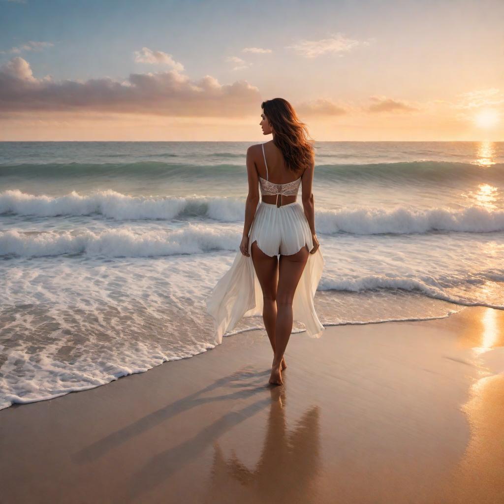  A woman with bare feet standing on a sandy beach at sunset, with the ocean waves gently crashing in the background. hyperrealistic, full body, detailed clothing, highly detailed, cinematic lighting, stunningly beautiful, intricate, sharp focus, f/1. 8, 85mm, (centered image composition), (professionally color graded), ((bright soft diffused light)), volumetric fog, trending on instagram, trending on tumblr, HDR 4K, 8K