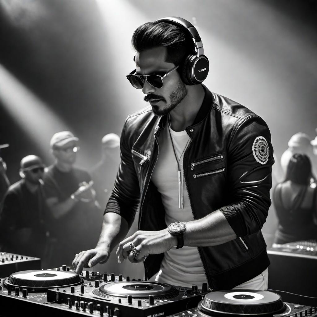  A Mexican DJ who is famous worldwide performing in black and white. The image should capture the energy and passion of the DJ while incorporating elements that represent Mexico. hyperrealistic, full body, detailed clothing, highly detailed, cinematic lighting, stunningly beautiful, intricate, sharp focus, f/1. 8, 85mm, (centered image composition), (professionally color graded), ((bright soft diffused light)), volumetric fog, trending on instagram, trending on tumblr, HDR 4K, 8K