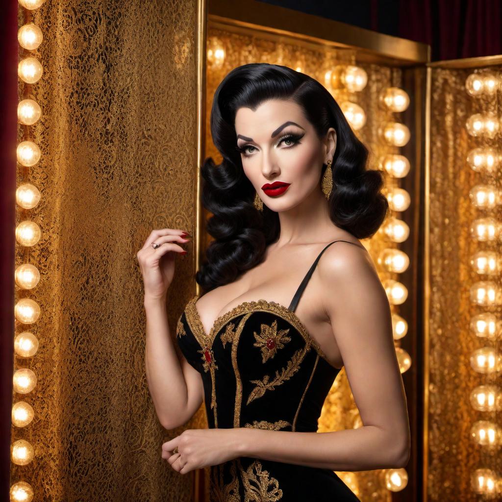  A stunning burlesque dancer in the style of Betty Paige and Norma Jean, with a snarl Mona Lisa smile on her face. She has wavy dark hair, glamorous red lipstick, and is dressed in a black and gold outfit. The background features a vintage keyhole, adding an air of mystery and allure. The scene is set in a 1950s vintage nightclub, with velvet curtains and dim, warm lighting. hyperrealistic, full body, detailed clothing, highly detailed, cinematic lighting, stunningly beautiful, intricate, sharp focus, f/1. 8, 85mm, (centered image composition), (professionally color graded), ((bright soft diffused light)), volumetric fog, trending on instagram, trending on tumblr, HDR 4K, 8K