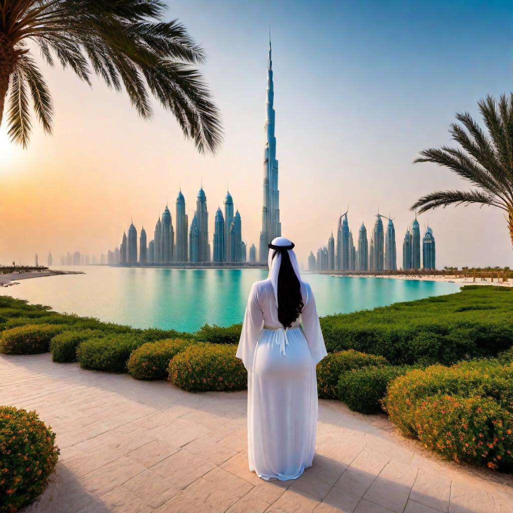  A peaceful scene in Dubai with a person enjoying the view. The scene includes iconic Dubai landmarks such as the Burj Khalifa, the Dubai Marina, and the Palm Jumeirah, with a serene sunset in the background. hyperrealistic, full body, detailed clothing, highly detailed, cinematic lighting, stunningly beautiful, intricate, sharp focus, f/1. 8, 85mm, (centered image composition), (professionally color graded), ((bright soft diffused light)), volumetric fog, trending on instagram, trending on tumblr, HDR 4K, 8K