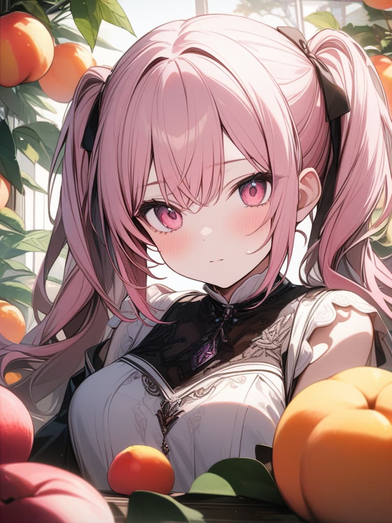  Cute, , pink hair, twin tails, pink eyes, young face, big s, peaches, fruit, masterpiece, best quality,8k,ultra detailed,high resolution,an extremely delicate and beautiful,hyper detail