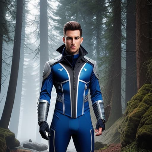  image of a 18 boy wearing a blue secret agent costume with grey strips and howling wolf design hyperrealistic, full body, detailed clothing, highly detailed, cinematic lighting, stunningly beautiful, intricate, sharp focus, f/1. 8, 85mm, (centered image composition), (professionally color graded), ((bright soft diffused light)), volumetric fog, trending on instagram, trending on tumblr, HDR 4K, 8K