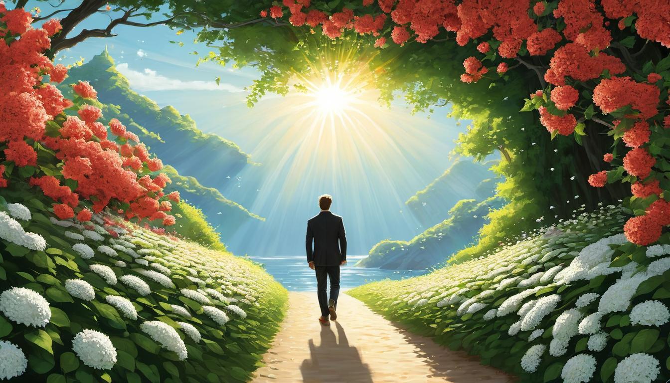  digital illustration, 1man, pulling back a curtain to reveal a sunlit path, path lined with flowers, progresses from shade to light, sense of discovery, journey, pursuit of meaningful achievements, metaphorical representation, looking at viewer, dynamic pose, (intricate details, masterpiece, best quality)