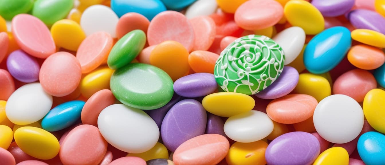  Macro Photography, Background with colorful candy in the form of pebbles with a flower on top, close up, macro 100mm, macro photography