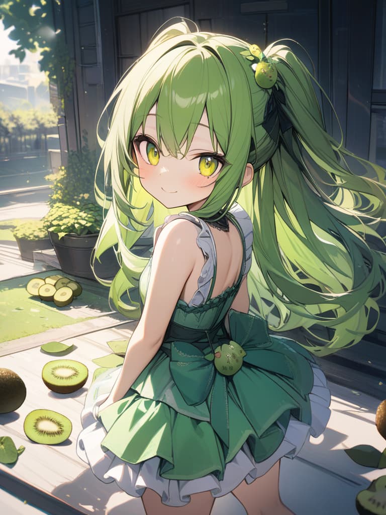  Cute, girl, long hair, thin body, kiwi fruit, kiwi decoration, yellow green eyes, yellow green hair, half twin tail, frill dress, smile, big eyes, masterpiece, best quality,8k,ultra detailed,high resolution,an extremely delicate and beautiful,hyper detail