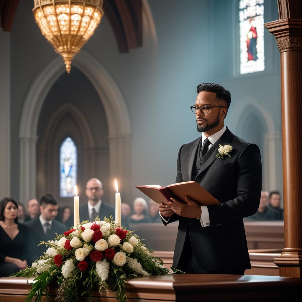  A highly realistic image of a pastor reading a eulogy at a funeral. The pastor is standing at a podium or pulpit in a church or a similar setting. He is dressed in traditional clerical attire and is holding a piece of paper or a booklet from which he is reading. The background shows a respectful and solemn environment with floral arrangements, candles, and possibly a casket. The attendees are seated and listening attentively, with expressions of sorrow and reverence. The overall atmosphere is somber and respectful, reflecting the gravity of the moment. hyperrealistic, full body, detailed clothing, highly detailed, cinematic lighting, stunningly beautiful, intricate, sharp focus, f/1. 8, 85mm, (centered image composition), (professionally color graded), ((bright soft diffused light)), volumetric fog, trending on instagram, trending on tumblr, HDR 4K, 8K