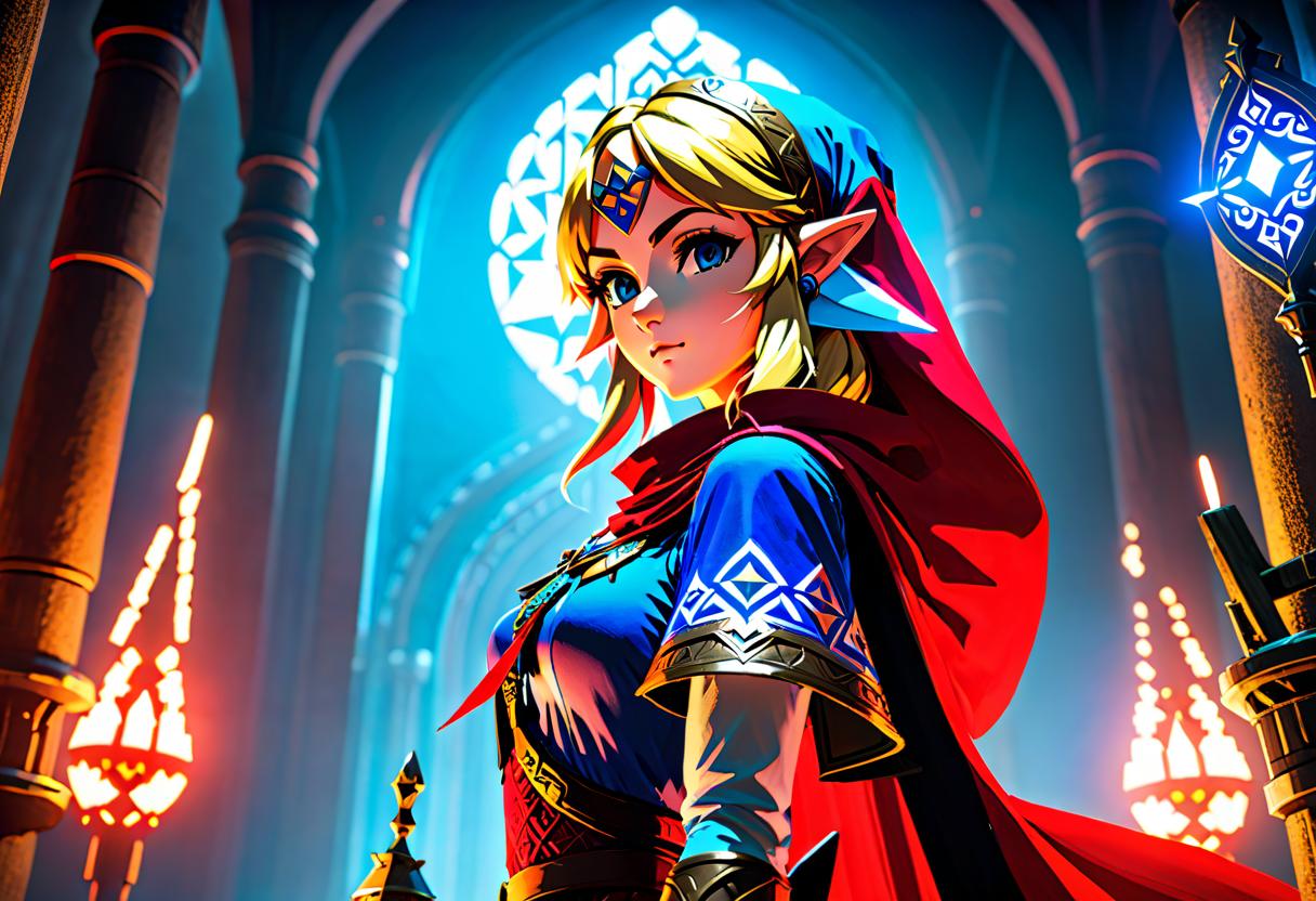  Legend of Zelda style red, black, white, blue, neon . vibrant, fantasy, detailed, epic, heroic, reminiscent of The Legend of Zelda series hyperrealistic, full body, detailed clothing, highly detailed, cinematic lighting, stunningly beautiful, intricate, sharp focus, f/1. 8, 85mm, (centered image composition), (professionally color graded), ((bright soft diffused light)), volumetric fog, trending on instagram, trending on tumblr, HDR 4K, 8K