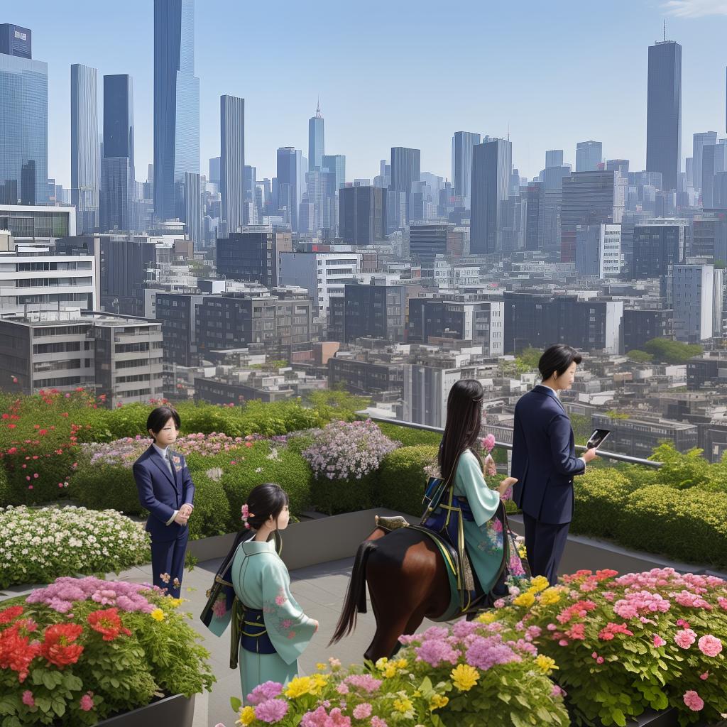  Masterpiece, best quality, five Japanese cowherds dressed in modern suits stand in an urban rooftop garden filled with colorful flowers and greenery, each holding a tablet displaying digital music notes against the backdrop of the city skyline. The atmosphere is vibrant and innovative, blending nature with technology. Style: fresh and futuristic. Realization: Fujifilm Pro 400 H.