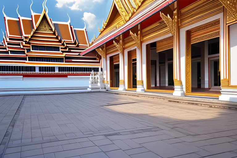  A very wide area is the ground outside a very old Thai palace.