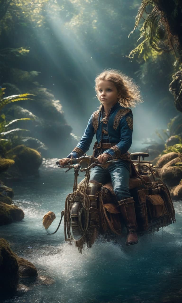  The child joyfully rides an unreal fantastic attraction, there is water around, a lot of parts and mechanisms hyperrealistic, full body, detailed clothing, highly detailed, cinematic lighting, stunningly beautiful, intricate, sharp focus, f/1. 8, 85mm, (centered image composition), (professionally color graded), ((bright soft diffused light)), volumetric fog, trending on instagram, trending on tumblr, HDR 4K, 8K