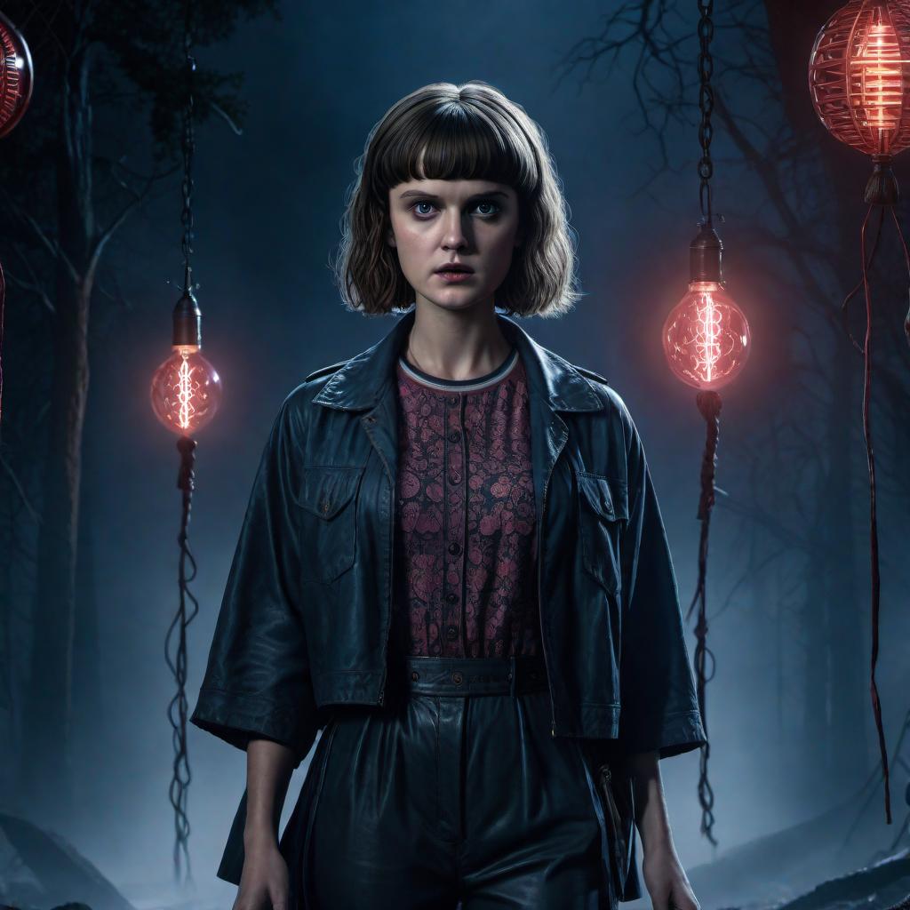  Artistic drawing in Gothic style of Eleven from Stranger Things using her psychic powers. She is depicted with a nosebleed, her eyes focused and intense, as she uses her telekinetic abilities to lift or manipulate objects around her. The background features dark, eerie Gothic elements, intricate detailing, and a supernatural atmosphere typical of the show. hyperrealistic, full body, detailed clothing, highly detailed, cinematic lighting, stunningly beautiful, intricate, sharp focus, f/1. 8, 85mm, (centered image composition), (professionally color graded), ((bright soft diffused light)), volumetric fog, trending on instagram, trending on tumblr, HDR 4K, 8K