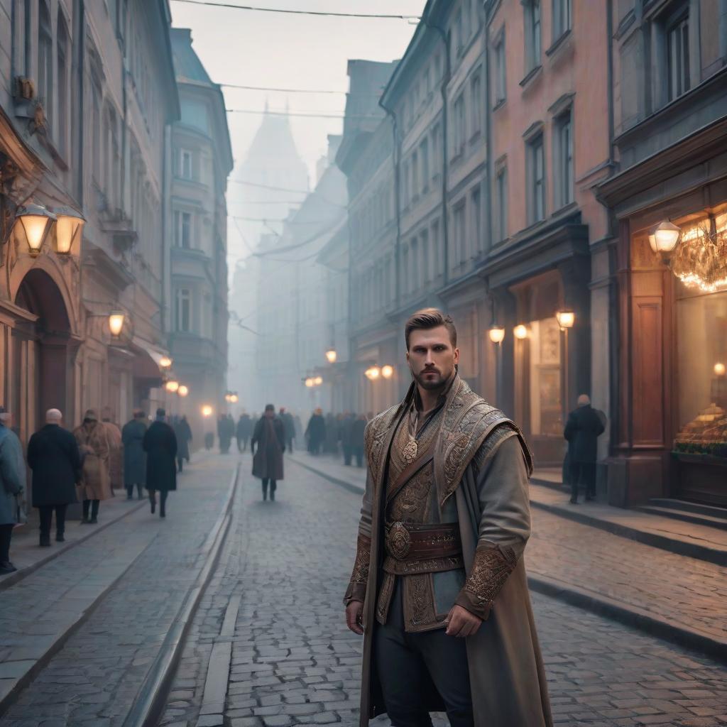  A street of a modern city with a Slavic style architecture hyperrealistic, full body, detailed clothing, highly detailed, cinematic lighting, stunningly beautiful, intricate, sharp focus, f/1. 8, 85mm, (centered image composition), (professionally color graded), ((bright soft diffused light)), volumetric fog, trending on instagram, trending on tumblr, HDR 4K, 8K