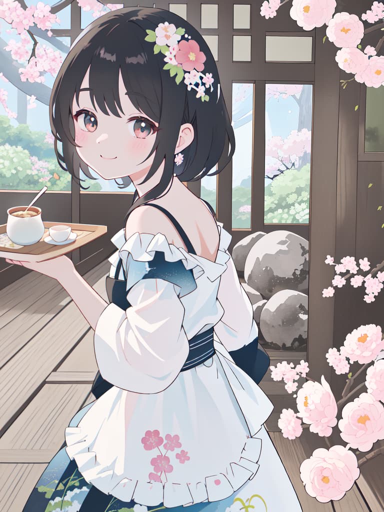  Japanese Painting Style, FRILL APRON, BARE SHOULDER, CARRY A TRAY, HAPPY SMILE, Japanese Cafe, Best Quality: 1.4, ULTRA DETALED EXTURE, Raw PhotOREALISTIC, Absurd Resolution, 8k Illustration, 💩: 1.0, 💩: 1.3, 💩:, 💩, 💩, 💩,, masterpiece, best quality,8k,ultra detailed,high resolution,an extremely delicate and beautiful,hyper detail