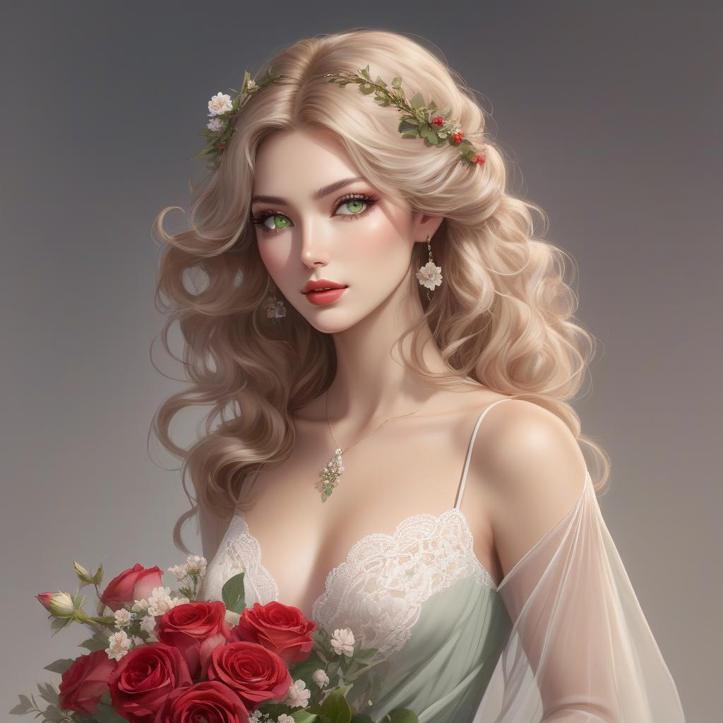  concept art A digital portrait of a woman with green eyes, wavy hair, and flowers adorning her hair and holding a bouquet of roses. Full body portrait of a young woman with a serene and gentle expression. She has soft facial features, large, almond shaped green eyes with dark lashes, and full, natural red lips. Her skin is fair with a warm undertone, and her face is framed by voluminous, wavy, ash blonde hair with lighter highlights, loosely styled, with a few delicate flowers on the right side above her ear. The subject is wearing a light, earth toned summer dress with delicate straps and a plunging neckline. The dress appears to be made of a flowing, sheer material with a subtle floral pattern, and features delicate lace detailing around  hyperrealistic, full body, detailed clothing, highly detailed, cinematic lighting, stunningly beautiful, intricate, sharp focus, f/1. 8, 85mm, (centered image composition), (professionally color graded), ((bright soft diffused light)), volumetric fog, trending on instagram, trending on tumblr, HDR 4K, 8K