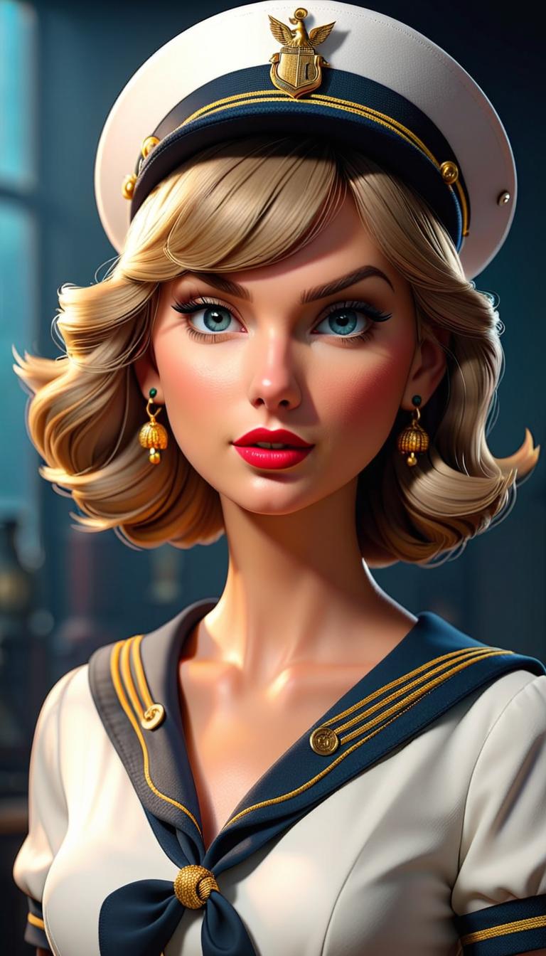  Professional 3D model of Taylor Swift as a sailor . Rendered with Octane, the model is highly detailed,dramatic lighting. hyperrealistic, full body, detailed clothing, highly detailed, cinematic lighting, stunningly beautiful, intricate, sharp focus, f/1. 8, 85mm, (centered image composition), (professionally color graded), ((bright soft diffused light)), volumetric fog, trending on instagram, trending on tumblr, HDR 4K, 8K