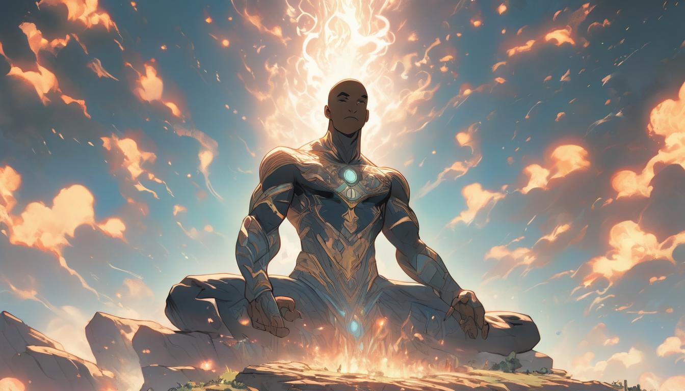  hyperrealism,fantasy aestheticPerson meditating on a hilltop, ancient script floating around, aura of peace, enlightenment, symbols of life patterns, intricate, serene, contemplative, high tech clothing clad in sleek, futuristic costume with metallic accents and form fitting designs, marvel superhero comics style, unreal engine rendering