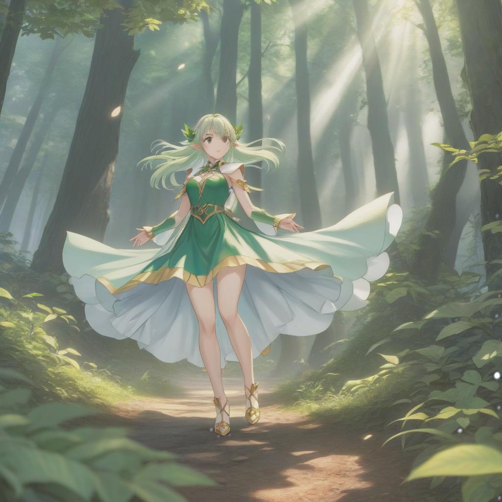  anime artwork Solo, full body, 1 , elf, , very short and leaves dress, no shoes, wind lift up her , in middle of forest . anime style, key visual, vint, studio anime, highly detailed hyperrealistic, full body, detailed clothing, highly detailed, cinematic lighting, stunningly beautiful, intricate, sharp focus, f/1. 8, 85mm, (centered image composition), (professionally color graded), ((bright soft diffused light)), volumetric fog, trending on instagram, trending on tumblr, HDR 4K, 8K