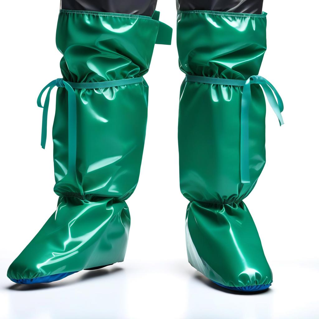  operating room shoes, high surgical shoe covers, knee high, with elastic cuffs up shoe covers, (the lower half from sole to ankle, from glossy latex dark green:1.3), (the upper half from ankle to knee, from glossy latex dark blue:1.5), (flat soled, without heels:1.2), front view, full face, full length hyperrealistic, full body, detailed clothing, highly detailed, cinematic lighting, stunningly beautiful, intricate, sharp focus, f/1. 8, 85mm, (centered image composition), (professionally color graded), ((bright soft diffused light)), volumetric fog, trending on instagram, trending on tumblr, HDR 4K, 8K