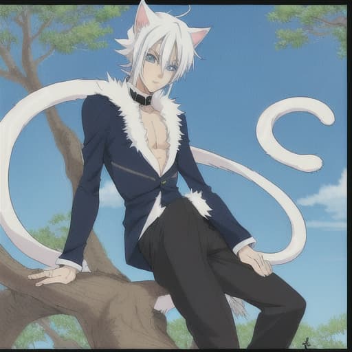  cute anime old cat boy with blue eyes and a long tail