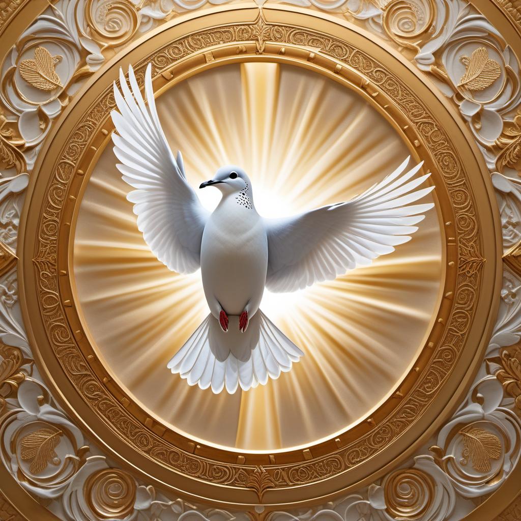  A seal of the Holy Spirit featuring a dove, symbolizing purity and the Holy Trinity, with rays of light emanating from it. The seal should have intricate designs and symbols signifying peace, sanctity, and divinity. The colors should include shades of white and gold to represent the divine and sacred nature of the Holy Spirit. hyperrealistic, full body, detailed clothing, highly detailed, cinematic lighting, stunningly beautiful, intricate, sharp focus, f/1. 8, 85mm, (centered image composition), (professionally color graded), ((bright soft diffused light)), volumetric fog, trending on instagram, trending on tumblr, HDR 4K, 8K