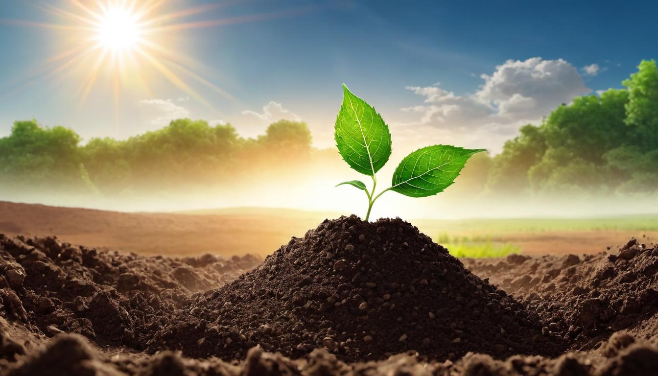  digital illustration, A seedling, breaking through the soil, tender green shoot surrounded by fresh earth, background of a vast field under the rising sun, development, growth, natural progress, hopeful beginning, looking at viewer, dynamic pose, (intricate details, masterpiece, best quality)