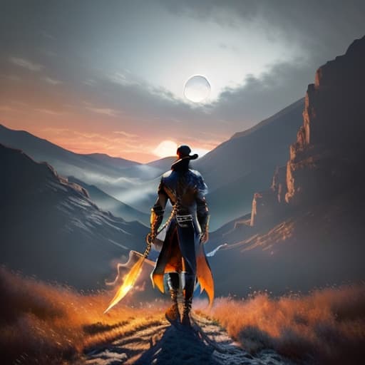  the background is of night with moon and fire on ground a man a shadow man showing up between the fire and he has a weared blackblazer and pan and sword in his hand with long black hair with full back body like shadow hyperrealistic, full body, detailed clothing, highly detailed, cinematic lighting, stunningly beautiful, intricate, sharp focus, f/1. 8, 85mm, (centered image composition), (professionally color graded), ((bright soft diffused light)), volumetric fog, trending on instagram, trending on tumblr, HDR 4K, 8K