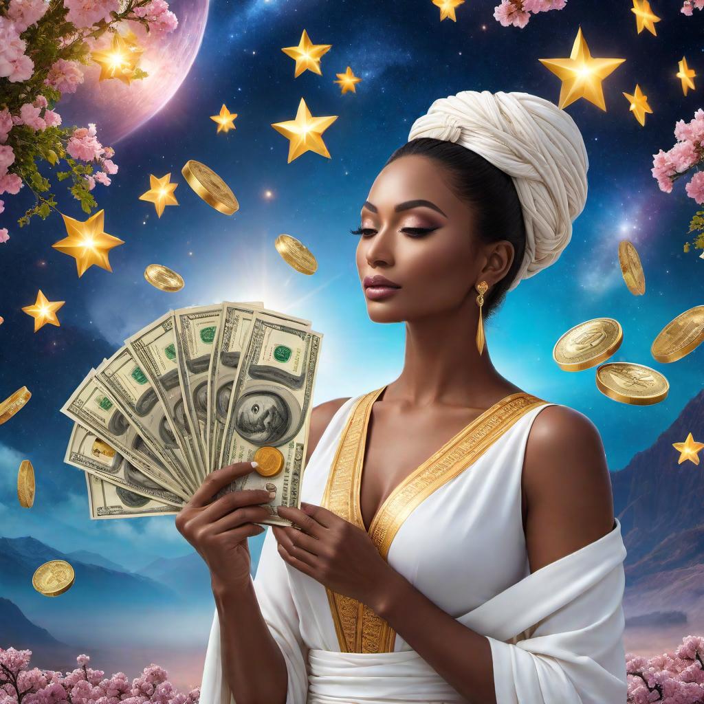  A vibrant and inspirational image representing the concept of manifesting wealth, attracting love, and finding inner peace. Include symbols such as stars, hearts, money bags, and serene elements like a meditating person. Incorporate hashtags like #MoneyMindset, #LawOfAttraction, #InnerPeace, #ManifestingDreams, #WealthAndLove. The image should convey a sense of positivity, abundance, and fulfillment. hyperrealistic, full body, detailed clothing, highly detailed, cinematic lighting, stunningly beautiful, intricate, sharp focus, f/1. 8, 85mm, (centered image composition), (professionally color graded), ((bright soft diffused light)), volumetric fog, trending on instagram, trending on tumblr, HDR 4K, 8K