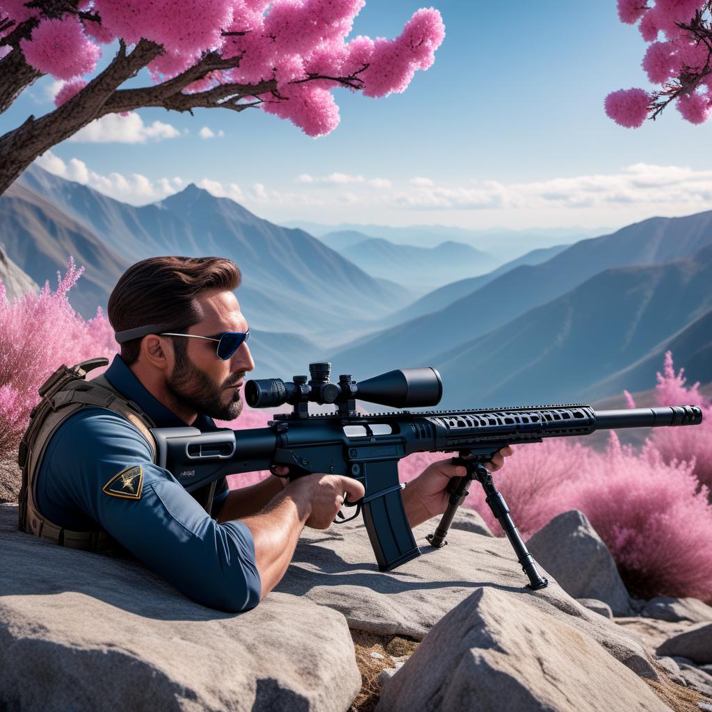  A sniper laying prone in the mountains with a sleek, modern black sniper rifle. The sky is a vibrant mix of pink and blue, capturing the serene and surreal atmosphere. The scene should showcase the rugged mountain terrain and the sharp focus of the sniper. hyperrealistic, full body, detailed clothing, highly detailed, cinematic lighting, stunningly beautiful, intricate, sharp focus, f/1. 8, 85mm, (centered image composition), (professionally color graded), ((bright soft diffused light)), volumetric fog, trending on instagram, trending on tumblr, HDR 4K, 8K