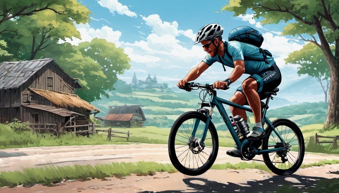  digital illustration, 1man, adjusting gears on a bicycle, surrounded by rural countryside, sweating slightly, clear sky overhead, sense of accomplishment, productive, calmly intense, looking at viewer, dynamic pose, (intricate details, masterpiece, best quality)