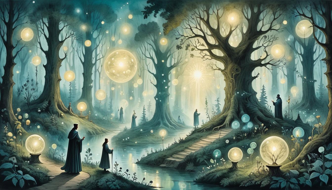  on parchment, surrealism+++, A mystical clearing in a dense enchanted forest, multiple sparkling orbs of light floating in the air, diverse figures represented by soft, radiant silhouettes, entwined with nature, magical, serene, communion(mysterious, provocative, symbolic,muted color)+++