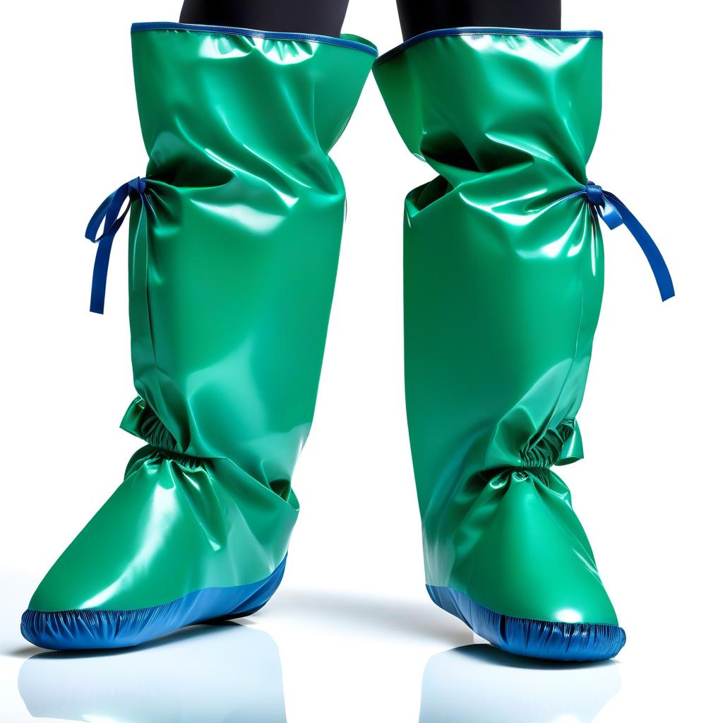  operating room shoes, high surgical shoe covers, knee high, with elastic cuffs up shoe covers, (the lower half from sole to ankle, from glossy latex dark green:1.3), (the upper half from ankle to knee, from glossy latex dark blue:1.5), (flat soled, without heels:1.2), front view, full face, full length hyperrealistic, full body, detailed clothing, highly detailed, cinematic lighting, stunningly beautiful, intricate, sharp focus, f/1. 8, 85mm, (centered image composition), (professionally color graded), ((bright soft diffused light)), volumetric fog, trending on instagram, trending on tumblr, HDR 4K, 8K