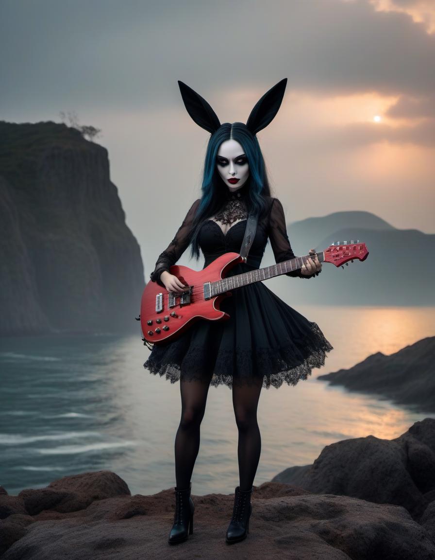  horror themed A gothic girl with an electric guitar, big ears, sea in the background. . eerie, unsettling, dark, spooky, suspenseful, grim, highly detailed hyperrealistic, full body, detailed clothing, highly detailed, cinematic lighting, stunningly beautiful, intricate, sharp focus, f/1. 8, 85mm, (centered image composition), (professionally color graded), ((bright soft diffused light)), volumetric fog, trending on instagram, trending on tumblr, HDR 4K, 8K