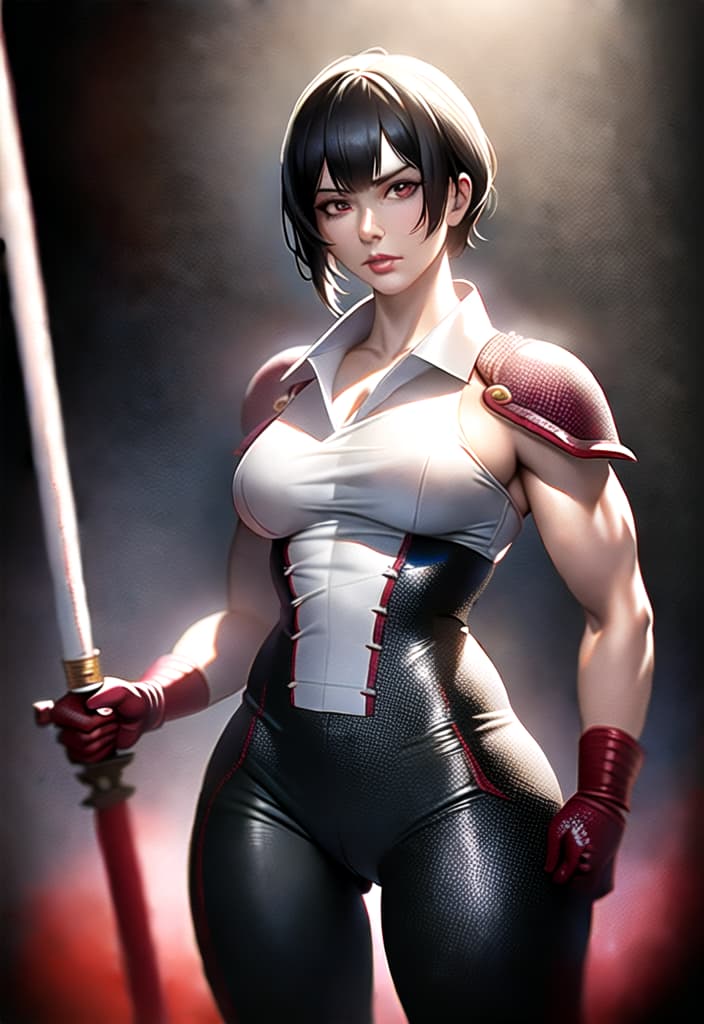  Black hair, berry short hair, beautiful woman, white dress shirt, Japanese samurai red armor, black leather pants, muscles, Japanese swords, head to thighs, (Masterpiece, BestQuality:1.3), (ultra detailed:1.2), (hyperrealistic:1.3), (RAW photo:1.2),High detail RAW color photo, professional photograph, (Photorealistic:1.4), (realistic:1.4), ,professional lighting, (japanese), beautiful face, (realistic face)