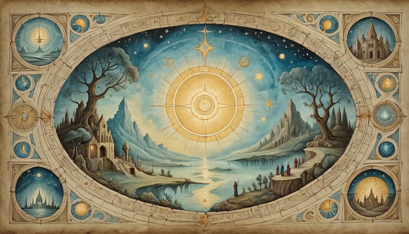  on parchment, surrealism+++, Celestial window, arcane symbols framing it, figure gazing through, glimpses of higher realms, sense of intimacy, mystical glow, ethereal beauty(mysterious, provocative, symbolic,muted color)+++