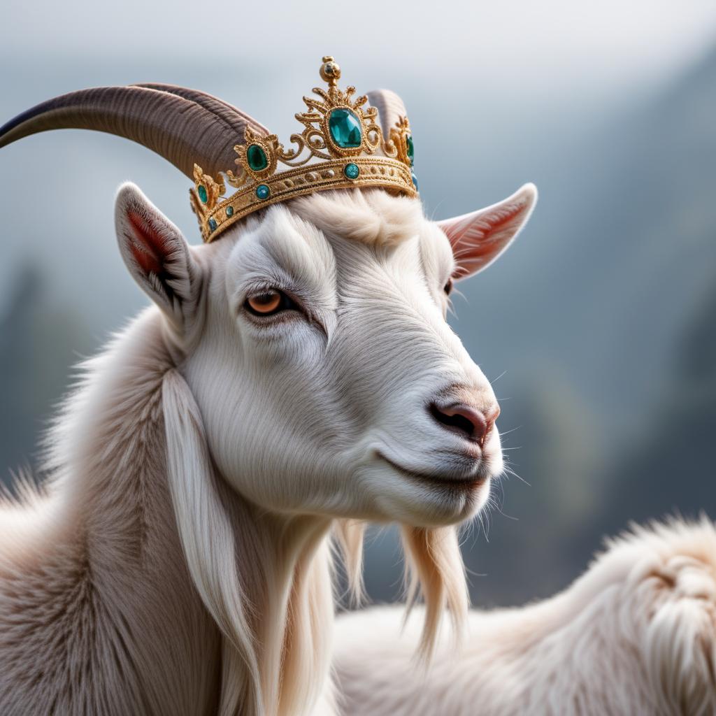  A goat wearing three crowns. Make the goat look majestic and the crowns should be royal and ornate with jewels. hyperrealistic, full body, detailed clothing, highly detailed, cinematic lighting, stunningly beautiful, intricate, sharp focus, f/1. 8, 85mm, (centered image composition), (professionally color graded), ((bright soft diffused light)), volumetric fog, trending on instagram, trending on tumblr, HDR 4K, 8K