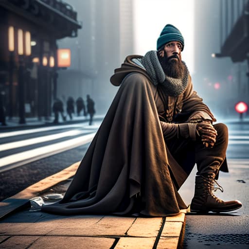 estilovintedois photo about homeless Cinematic Quality hyperrealistic, full body, detailed clothing, highly detailed, cinematic lighting, stunningly beautiful, intricate, sharp focus, f/1. 8, 85mm, (centered image composition), (professionally color graded), ((bright soft diffused light)), volumetric fog, trending on instagram, trending on tumblr, HDR 4K, 8K