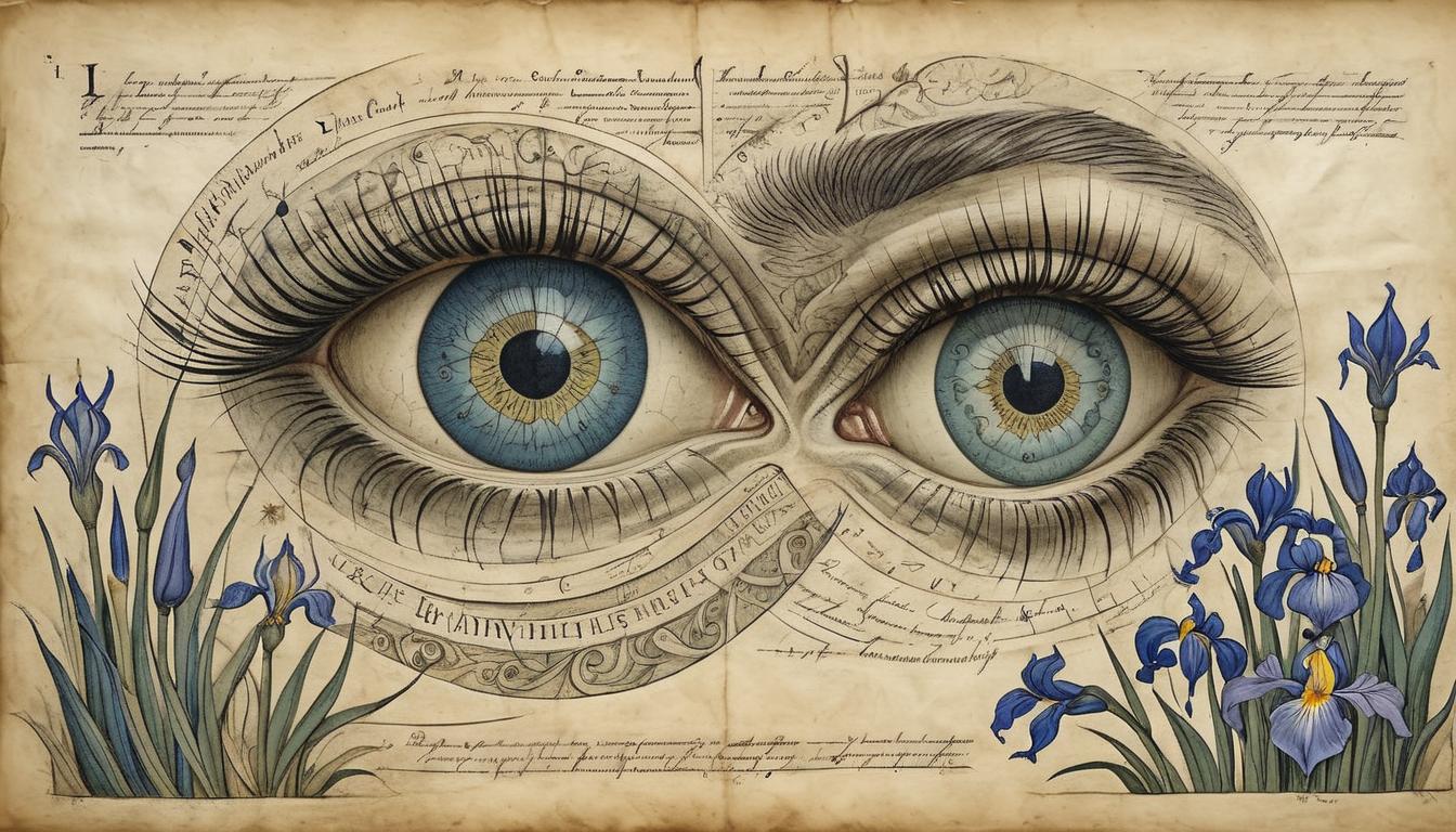  on parchment, surrealism+++, Figure with open eyes, intricate patterns reflecting in the irises, scenes from life experiences, awareness, insight(mysterious, provocative, symbolic,muted color)+++