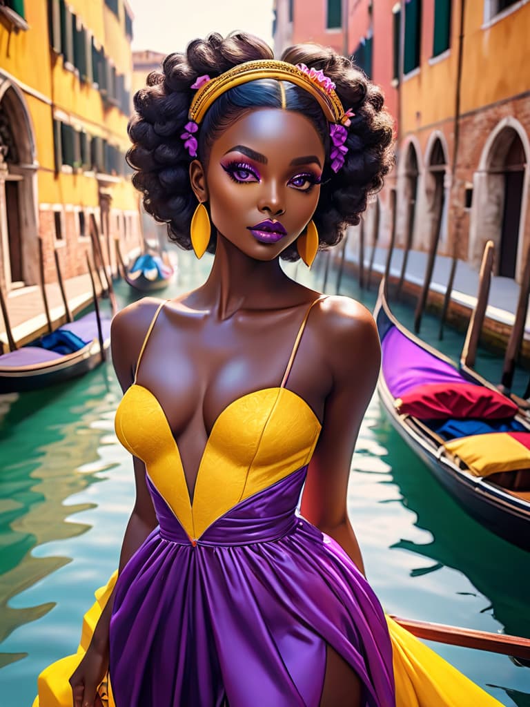  (best quality, masterpiece, colorful, highest detailed) upper body photo, fashion photography of cute photo of a beautiful, black skin, dark skin, African supermodel, purple makeup, dawn, Venice, gondola, colorful dress, yellow&purple theme, Porta 160 color, shot on Leica T, sharp focus on subject, shot by Anne Geddes, (cinematic, purple and yellow:0.85), (vibrant color), (intricate details), (dynamic angle) hyperrealistic, full body, detailed clothing, highly detailed, cinematic lighting, stunningly beautiful, intricate, sharp focus, f/1. 8, 85mm, (centered image composition), (professionally color graded), ((bright soft diffused light)), volumetric fog, trending on instagram, trending on tumblr, HDR 4K, 8K